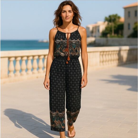 Boho Jumpsuit with Leather Straps and Embellishments Size L/XL - Picture 1 of 11